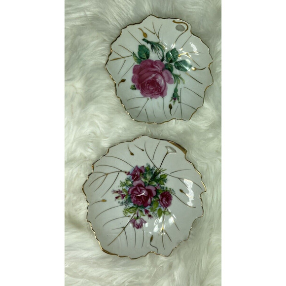 Vintage Trinket Dish Victorian Leaf Shaped Pink Roses With Gilded Trim Set Of 2 - Picture 6 of 8